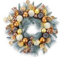 YULETIME Ziemassvētku vainags ar 20" bumbulīšiem, ogām, priežu čiekuriem, lapām, matētiem egļu zariem un priežu adatām (zelta)