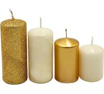 Dekohelden24 Daudzpakāpju staba sveces, Adventa sveces, Adventa vainaga sveces, zelta un ziloņkaula krāsā, 4 izmēri, augstums 5-10 cm, diametrs 4 cm, katra, 280 g