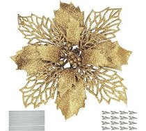 16 gabali Puansetijas ziedi Mākslīgās puķes Glitter Poinsettia Ziemassvētku vainags Ziemassvētku eglītes rotājumi Ziemassvētku rotājumiem (16 cm) (Zelta)
