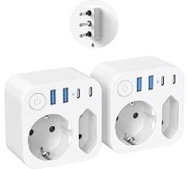 Ceļojuma adapteris Itālija Vācija L tipa kontaktligzda ar 4 USB (2 C tipa) kontaktdakšu un slēdzi Urugvajai, Čīlei, Maldīvu salām (no ES uz IT), 2 gab. iepakojumā