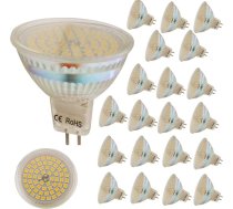 MR16 3W LED spuldzes, silti balta (3200k), 60 SMD 2835, 320 lūmeni, AC/DC 12V, LED leņķis 120°, CRI:75, bez stroboskopa efekta, 20 gab. komplektā