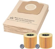 20 putekļu sūcēju maisiņi + 2 filtri Kärcher WD3 un MV3 putekļu sūcējiem. Alternatīva 6.959-130.0 (maisiņš) un 6.414-552.0 (kasetnes filtrs).