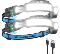 Smiling Shark TS-4 galvas lukturis, LED galvas lukturis, uzlādējams 2400 mAh ar pagriežamu dubultu prožektoru un 4x prožektoru un stroboskopu ar kustības sensoru, bezroku dizains kempingam, skriešanai, pārgājieniem, skriešanai (2