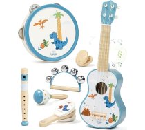 Lehoo Castle bērnu ģitāras komplekts ar mūzikas instrumentiem, ar dinozauru motīvu, koka ukulele ar tamburīnu, flautu, marakas un grabulīti, mūzikas rotaļlieta bērniem