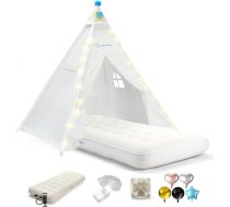Bērnu telts „Teepee“, mazgājama bērnu telts „Tippi“ lietošanai telpās, komplektā ar gaisa matraci, gaismas virteni un baloniem – rotaļu telts lietošanai telpās un ārā kā rotaļu namiņš meitenēm un zēniem (balta)