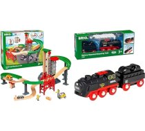 BRIO World 33887 Lielais noliktavas komplekts ar liftu – no 3 gadu vecuma un World 33884 Akumulatora tvaika lokomotīve ar ūdens tvertni – lokomotīve ar īstu, iespaidīgu tvaiku un ūdens tvertni atkārtotai uzpildīšanai