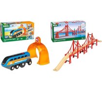 BRIO World 33971 „Smart Tech Sound“ lokomotīve ar ierakstīšanas funkciju – elektriskais vilciens un World 33683 „Hanging Bridge“ dzelzceļa piederumi – koka vilciens