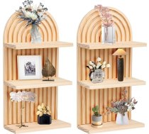 2 koka sienas plauktu komplekts, Boho sienas dekori, trīsstāvu sienas plaukti no varavīksnes koka, neliels dekors bērnu istabai, guļamistabai, viesistabai, vannas istabai (koka krāsa)