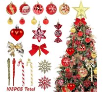 Ziemassvētku dekorēšana Ziemassvētku Baubles, 103 gabali Ziemassvētku Baubles Plastmasas sarkans zelts ar Tree Topper zvaigzne, Ziemassvētku eglīte dekorēšana komplekts Sniegpārsliņa ar mīlestību, Ziemassvētku eglīte Baubles Reusable
