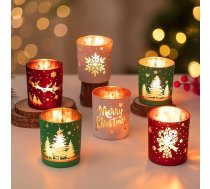 Tējas gaismas turētājs Ziemassvētku laterna Ziemassvētku dekorēšanas galds: Svečturi: Hewory 6 tējas gaismas glāžu komplekts Ziemassvētku dekorēšana Sveces turētājs galda dekorēšanai Ziemassvētku svinību dekorēšana Sarkans zaļš bal