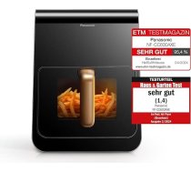 Panasonic NF-CC600AXE gaisa fritēze ar skatu logu, 6L, 80-200°C, digitālais taimeris un LCD displejs, maiga tvaika pievienošana, 11 iestatījumi, viegla tīrīšana, melna ar rožu zelta rokturi