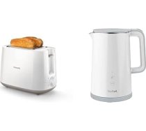 Tefal KO6931 Sense tējkanna, 1,5 litru ietilpība, digitālais displejs, 5 temperatūras līmeņi, balta & Philips HD2581/00 Grauzdošļātājs, integrēts bulciņu piederums, 8 brūnināšanas līmeņi, balta