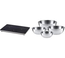 WMF Kult X dubultā indukcijas plīts, līdz 28 cm, un 4 gabalu trauku komplekts, nerūsējošā tērauda trauki virtuvei 0,75 l - 2,75 l, maisīšanas trauks, salātu trauks, servīzes trauks, Kromargan, saliekami viens uz otra