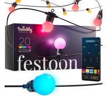 Twinkly Festoon 20 LED RGB pasaku gaismas ar 20 LED lampām, daudzkrāsains RGB āra un iekštelpu apgaismojums, saderīgs ar Alexa, Google Home, spēļu gaismām, IP44, App Control, melns kabelis, 10 m