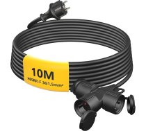 Āra pagarinātājs 10 m ar 3 Schuko ligzdām, gumijas pagarinātājs 3500 W ar aizsargvāciņu izmantošanai ārpus telpām IP44, barošanas kabelis H05RR-F 3G 1,5 mm² ar 3 virzienu sadalītāju, 16 A/250 V, melns
