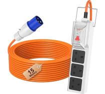FDTEK kempinga elektrības pieslēguma kabelis 15 m RCD pagarinātājs ar 3 UK rozetēm Kempings piederumi kempinga mobilajām automašīnām, treileriem, kemperiem, telšu pagarinājumiem