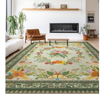 Mazgājams dzīvojamās istabas paklājs, 200 x 300 cm, Boho stila paklājs ar īsu plūksnu, piemērots lielai guļamistabai, austrumu stila, vintage, mīksts, neslīdošs dizains guļamistabai, ēdamistabai, virtuvei, ziedu zaļā krāsā