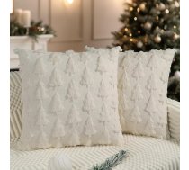 Ziemassvētku spilvenu pārvalki 55 x 55 cm, 2 gab. komplekts, krēmbalti spilvenu pārvalki ar Ziemassvētku eglīšu motīvu, no mīksta plīša mākslīgās kažokādas, piemēroti ziemas svētku dekorēšanai mājās uz dīvāna