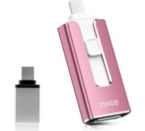 USB zibatmiņas karte 256 GB tālrunim, 4-in-1 atmiņas karte iPhone/iPad/Android/PC, USB 3.0 atmiņas karte, ātrgaitas zibatmiņas disks, ātrdarbīga foto zibatmiņas karte, fotoattēlu dublēšana, fotoattēlu video, rozā krāsā
