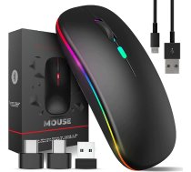 Bezvadu Bluetooth pele ar uzlādējamu LED apgaismojumu, klusa un īpaši plāna konstrukcija (Bluetooth 5.2 un 2,4 GHz USB uztvērējs) | Portatīvā datorpele klēpjdatoriem, iPad, MacBook un Apple ierīcēm (melna)