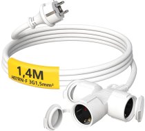 Āra pagarinātājs 1,4 m ar 3 Schuko ligzdām, gumijas pagarinātājs 3500 W ar aizsargvāciņu izmantošanai ārpus telpām IP44, barošanas kabelis H07RN-F 3G1,5 mm², 3 virzienu sadalītājs, 16 A/250 V, balts