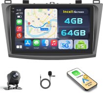 Android 15 4 + 64 GB auto radio Mazda 3 2009-2013 ar 9 collu skārienjūtīgo ekrānu, 2DIN auto radio ar bezvadu Carplay Android Car, FM/RDS radio BT GPS WiFi atpakaļgaitas kamera + mikrofons