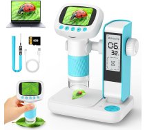 Digitālais mikroskops bērniem ar modinātāju, pārnēsājams bērnu mikroskops ar 1000x palielinājumu, 2 collu ekrāns, 8 GB karte, foto un video ierakstīšana, dāvana no 3 gadiem (zils/balts)