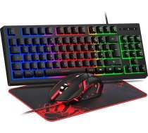 Spēļu tastatūras un peles komplekts, QWERTZ DE izkārtojums, 75% TKL, vadu tastatūra ar RGB apgaismojumu, ergonomiska 4 krāsu LED spēļu pele, liels peles paklājiņš, USB Plug & Play datoram