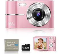 Digitālā fotokamera 50 MP foto kamera 1080P video kamera ar 16X digitālo tālummaiņu, 2,4 collu ekrāna kamera Mini kompaktā kamera bērniem pusaudžiem ar 1 akumulatoru, 32G karti (rozā)
