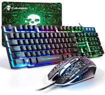 Spēļu tastatūras un peles komplekts, 104 taustiņi ar varavīksnes apgaismojumu, QWERTY UK izkārtojuma tastatūra + 2400 DPI 4 pogas, elpojoša pele + peles paliktnis, USB kabelis, saderīgs ar PS4 Xbox (nepieciešams adapteris), melns