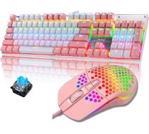Mehāniskā spēļu tastatūra un pele, 3 in 1 spēļu komplekts, zilā slēdžu sistēma ar varavīksnes aizmugures apgaismojumu, RGB 6400 DPI, viegla spēļu pele ar medus kārtas apvalku, liels peles paliktnis datorspēlēm