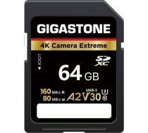 GIGASTONE A2 V30 64GB SDXC atmiņas karte 4K Extreme Series Speed 160MB/s saderīga ar Canon Nikon Sony Panasonic U3 UHS-I Class 10 4K UHD video + 1 mini soma