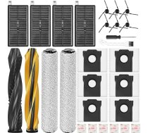 27 priekšmetu piederumu komplekts Dreame Aqua10 Ultra Roller Complete robotizētajam putekļsūcējam, 2 galvenās birstes un rullīšu salvetes, 4 filtri, 6 putekļu maisiņi un plakans aromāta akmens un sānu birstes, 1 tīrīšanas līdzeklis