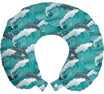 ABAKUHAUS Jūras dzīvnieki Ceļojuma spilvens Kakla atbalsts 2 gab. Surfing Doodle Dolphins Putu ceļojuma piederumi lidmašīnām un automašīnām, 30 x 30 cm, ogļu pelēks, zils, balts