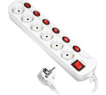 Strāvas sloksne "Multiswitch", 6 rozetes 2P+Z (schuko), kabelis 3x1,5 mm, garums 1,5 m, ar apgaismotiem slēdžiem: galvenais divceļu un atsevišķs slēdžs katrai rozetei. Termiskais slēdzis. 16A/230VAC