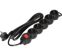 Pagarinātājs 5gang 2P+Z (Schuko), ar slēdzi, 3m H05VV-F 3x1.5mm2, Imax=16A, plakana kontaktdakša, melns