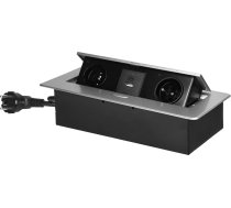 Iebūvēta kontaktligzda mēbelēm ar plakanu flīzētu malu, USB lādētājs un 1,5 m kabelis, 2x2P+Z, 2xUSB (A+C tips; 3,6 A), sudraba krāsā