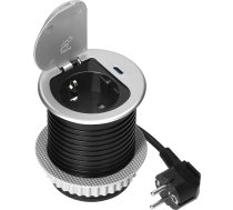 Mēbeles kontaktligzda ?6cm iebūvēta galda virsmā ar vāciņu, USB lādētājs un kabelis 1,9m, 1x2P+Z (Schuko), 1xUSB (C tips; 20W), sudrabs