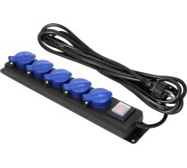 Pagarinātāja kabelis garāžai pret šļakatām ar slēdzi, 5 kontaktligzdas 2P+Z, IP44, šuko gumijas kabelis, H05RR-F 3x1,5mm2, garums 3m