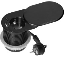 Mēbeļu kontaktligzda ?6cm, iebūvēta darba virsmā ar bīdāmu vāku, USB lādētājs un 1,9 m kabelis, 1x2P+Z (franču), 2xUSB (A+C tips; PD20W), melna