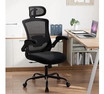 COLAMY biroja krēsls, tīklveida datora krēsls ar regulējamu galvas balstu un jostas balstu, ergonomisks darba krēsls ar atlokāmu roku balstu, 140° šūpoļu funkcija, melns