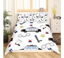 Loussiesd Policijas auto gultas veļas komplekts 135 x 200 cm Policijas virsnieks Transportlīdzekļu mierinātājs Cover Auto balta sega Cover Set Karikatūra auto modelis sega Cover Cover bērnu zēni meitenes guļamistaba dekors ar 1 spilvendrānu