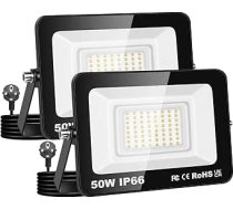 AUXTINGS Pack of 2 50 W LED āra prožektors ar kontaktdakšu, 5000 LM āra prožektors, IP66 prožektors, 6000 K, auksti balts āra prožektors ar 150 cm kabeli dārzam, pagalmam, garāžai, terasei