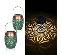 2 LED saules laternu komplekts, āra, retro IP65 silti balta saules laterna āra lietošanai, ūdensnecaurlaidīga, austrumu metāla saules gaismas āra dārza iekārtošanai balkona dekorēšanai Vintage komplekts (2)