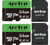 Aretop Micro SD karte 64 GB 2 atmiņas karšu komplekts Micro SD + 2 adapteri UHS-I U3 C10 A1 A1 V30 4K UHD Full HD video ierakstīšanai Micro SD atmiņas karte kamerai/ viedtālrunim/dronam/kamera, līdz 90 MB/s
