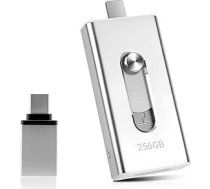 USB zibatmiņas karte 256 GB tālrunim, 4-in-1 atmiņas karte iPhone/iPad/Android/PC, USB 3.0 atmiņas karte, ātrgaitas zibatmiņas disks, ātrdarbīga foto zibatmiņas karte, fotoattēlu dublēšana, fotoattēlu video, sudraba krāsā