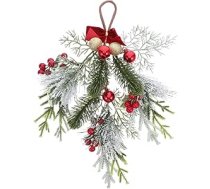 Ciieeo Christmas Teardrop Swag durvju vainags ar sarkanām ogām, zelta bumbiņām un loku Mākslīgais ziemas sienas vainags iekštelpām un ārpus telpām Svētku Ziemassvētku rotājums priekšējām durvīm