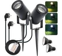 2 LED dārza prožektoru komplekts ar zemes smaili 230 V IP65, CCT 3000 K 4000 K 6500 K, 7 W 595 lm, dārza apgaismojums ar strāvas padevi, 2 m kabelis Plug & Play, LED dārza apgaismojums melns puķu dobēm