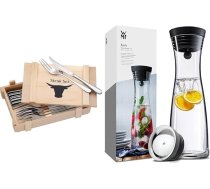 WMF steiku galda piederumu komplekts 12 gab., steiku nažu komplekts 6 personām, steiku nažu komplekts, steiku dakšiņas un stikla karafe uz ūdeni, 1 litrs, stikla karafe ar vāku, silikona vāks, aizvēršanas aizbīdnis