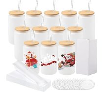 12 sublimācijas stikla pudeļu komplekts ar vāku, 16 oz matēta sublimācijas alus skārdeņu glāze ar stikla salmiņiem un dāvanu kastīti, sublimācijas stikla krūzes saldētai kafijai, sulai, limonādei un citiem dzērieniem
